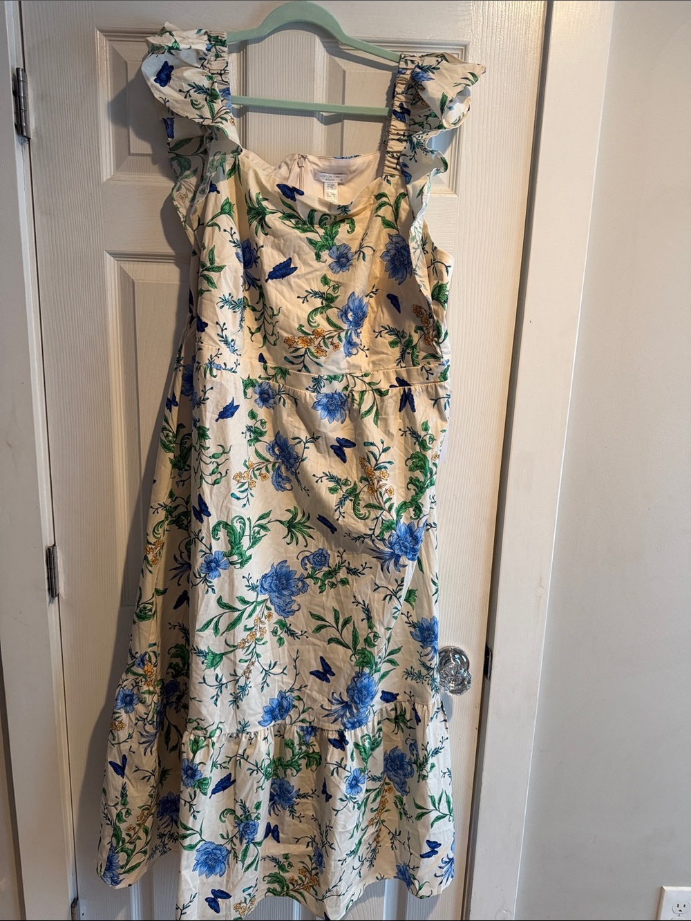 Floral Ruffle-Sleeve Maxi Dress - Blue & Green on White
